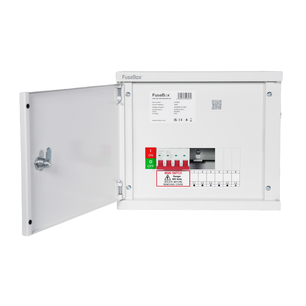 FuseBox HTPN02 2 Way 3 Phase Horizontal Distribution Board c/w Main Switch