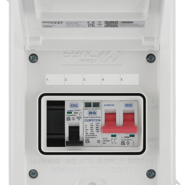 Sync Energy CFEV6W-01 Consumer Unit with 100A Main Switch & 40A MCB