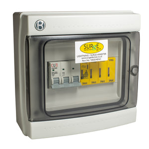 Surge Protection Devices 10020/4ENCM – Type 1+2+3, 50KA (Level 3/4), 3 phase device with indication, complete in IP65 polycarbonate enclosure, including a 3 pole 63AMP MCB