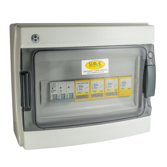 Surge Protection Devices 10811/LED/ENCM – Type 1+2+3, 100kA (Level 1), 3 phase, all/full mode protection with LED indication, complete in IP65 polycarbonate enclosure, including a 3 pole, 63amp MCB