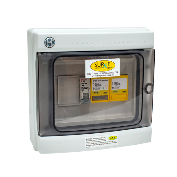 Surge Protection Devices 10812/LED/ENCM – Type 1+2+3, 50kA (Level 3/4), single phase, all/full mode protection with LED indication, complete in IP65 polycarbonate enclosure, including a 1 pole, 63amp MCB